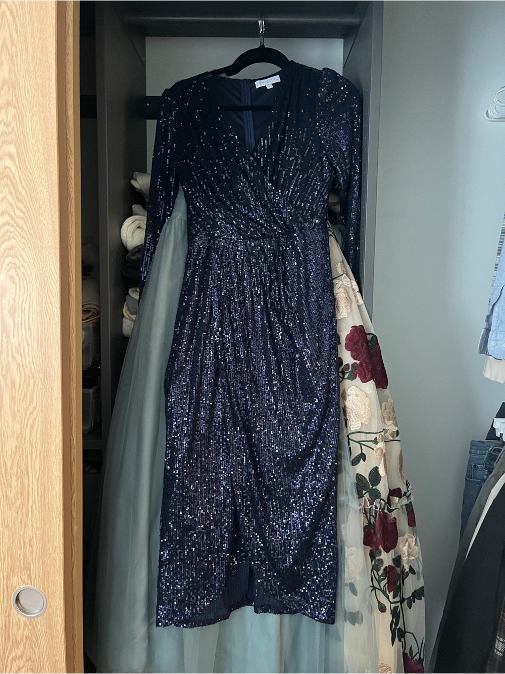 Ivy City Co Navy Sequin Long Sleeve Wrap Midi Dress